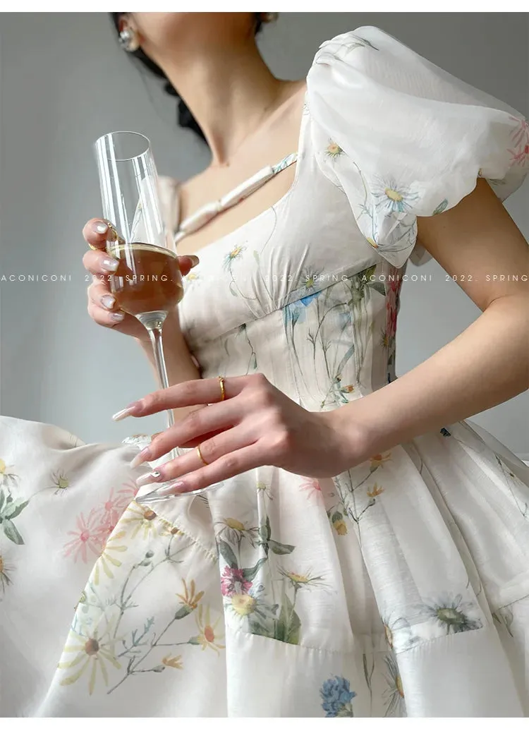 2023 Women's Dress French Elegant Flower Chiffon Party Evening Dress Beach Fairy Long Sleeve Korean Summer Plus Size Midi Dress