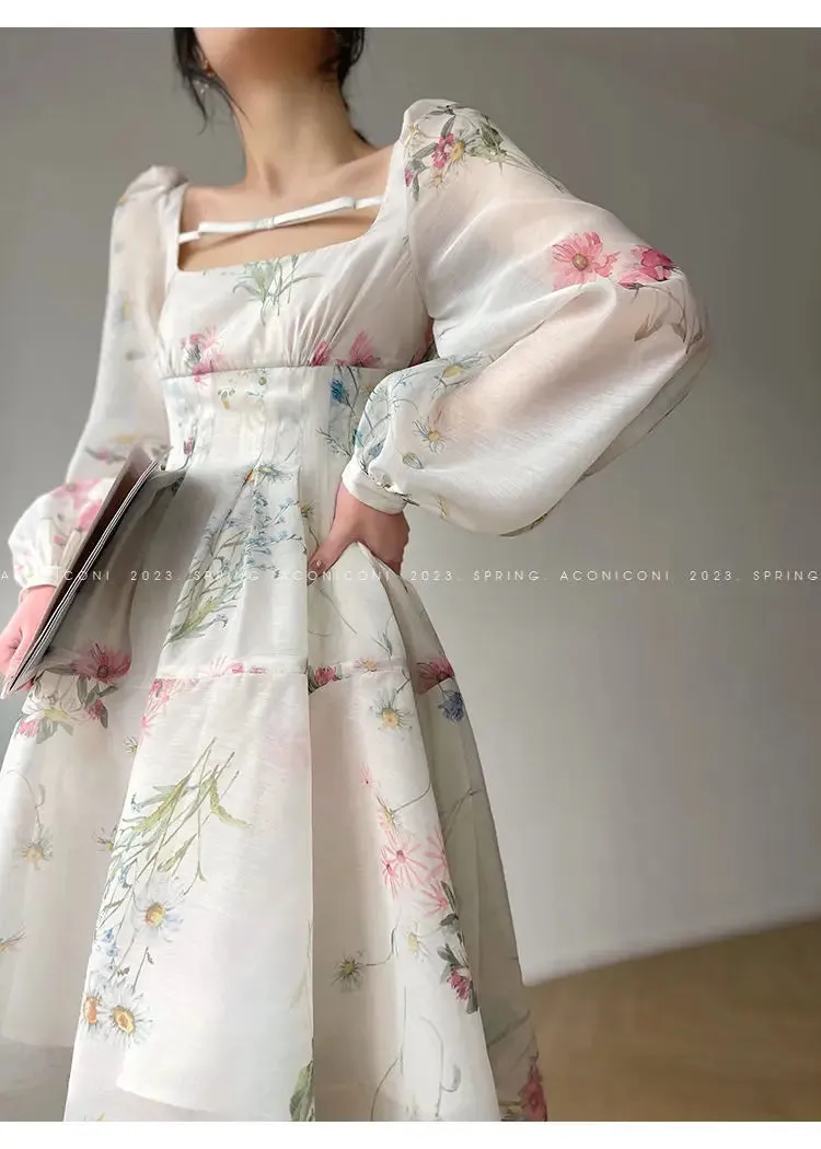 2023 Women's Dress French Elegant Flower Chiffon Party Evening Dress Beach Fairy Long Sleeve Korean Summer Plus Size Midi Dress