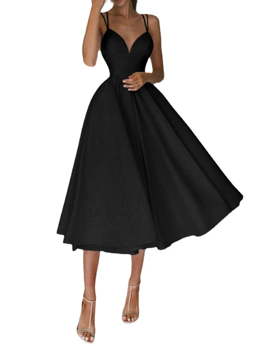 Backless A-Line Suspender Midi Dress