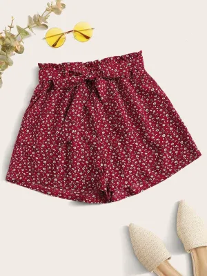 Belted Ditsy Floral Print Shorts