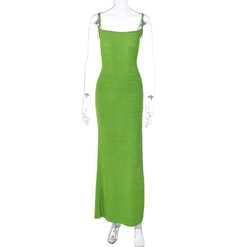 BerriesJam - Backless Square Neck Lace Up Solid Slit Cami Midi Dress