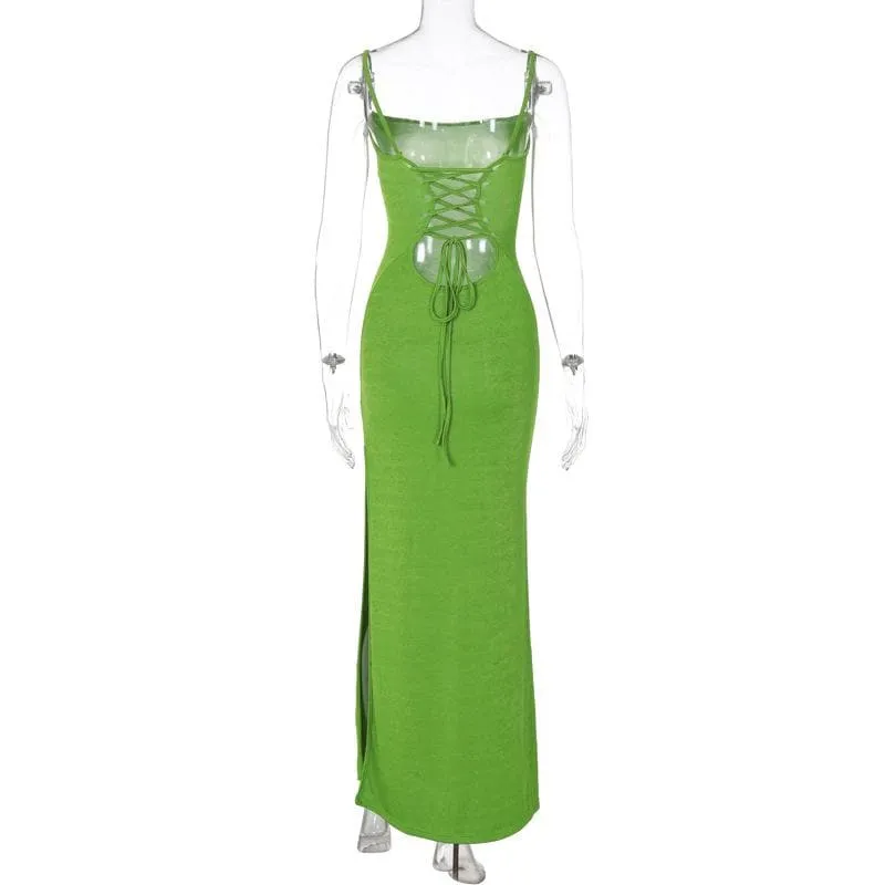 BerriesJam - Backless Square Neck Lace Up Solid Slit Cami Midi Dress