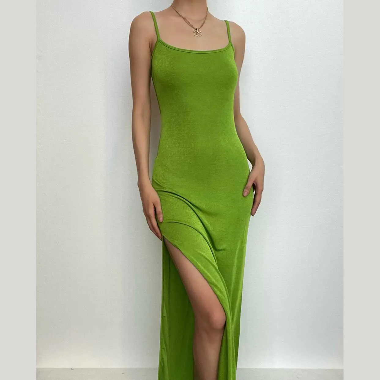 BerriesJam - Backless Square Neck Lace Up Solid Slit Cami Midi Dress