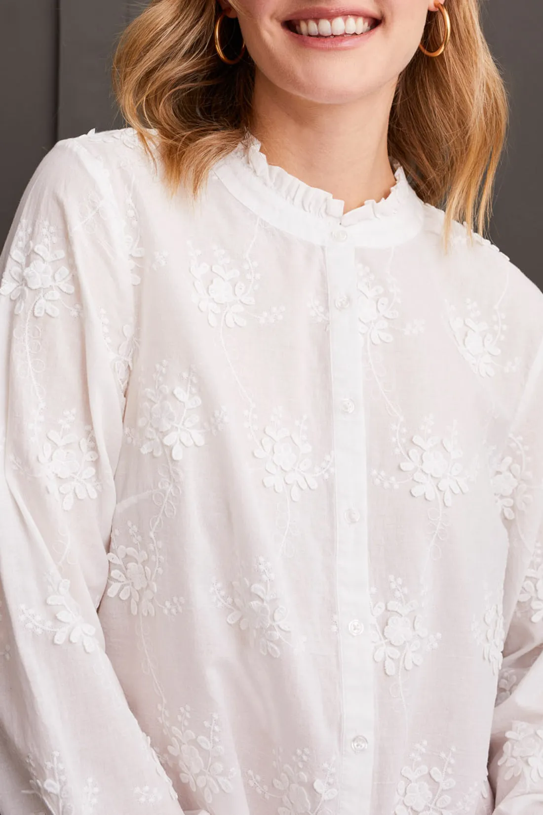 Blouse - Floral Embroidered with Ruffled Collar (Cream)
