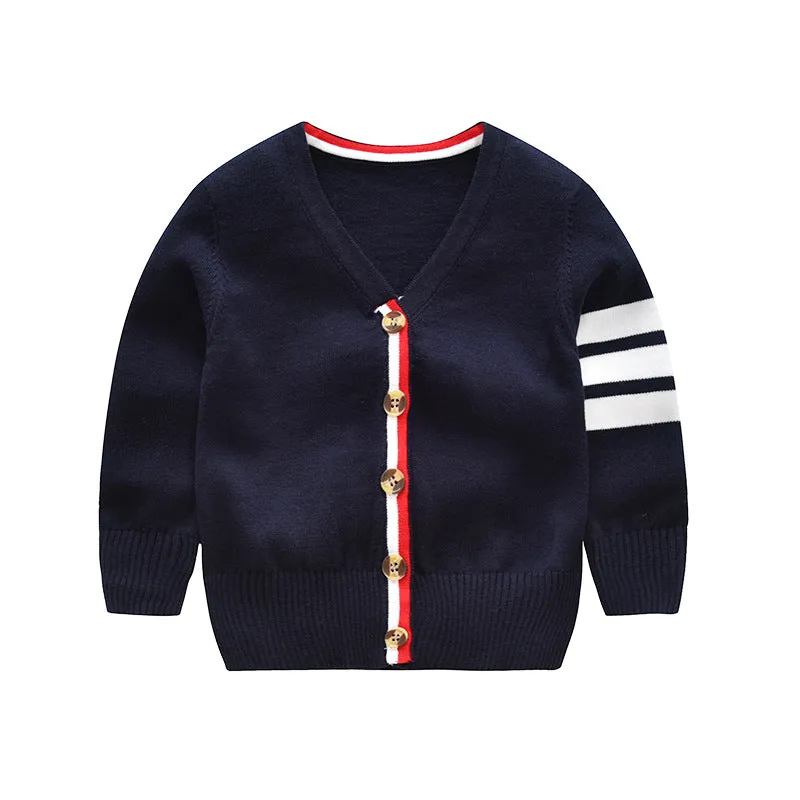 Boys Striped Sleeve Cardigan. Navy Blue.