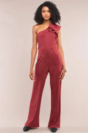 Burgundy Suede Sleeveless One-Shoulder Ruffle Detail Fitted Wide Leg Jumpsuit /3-1-1