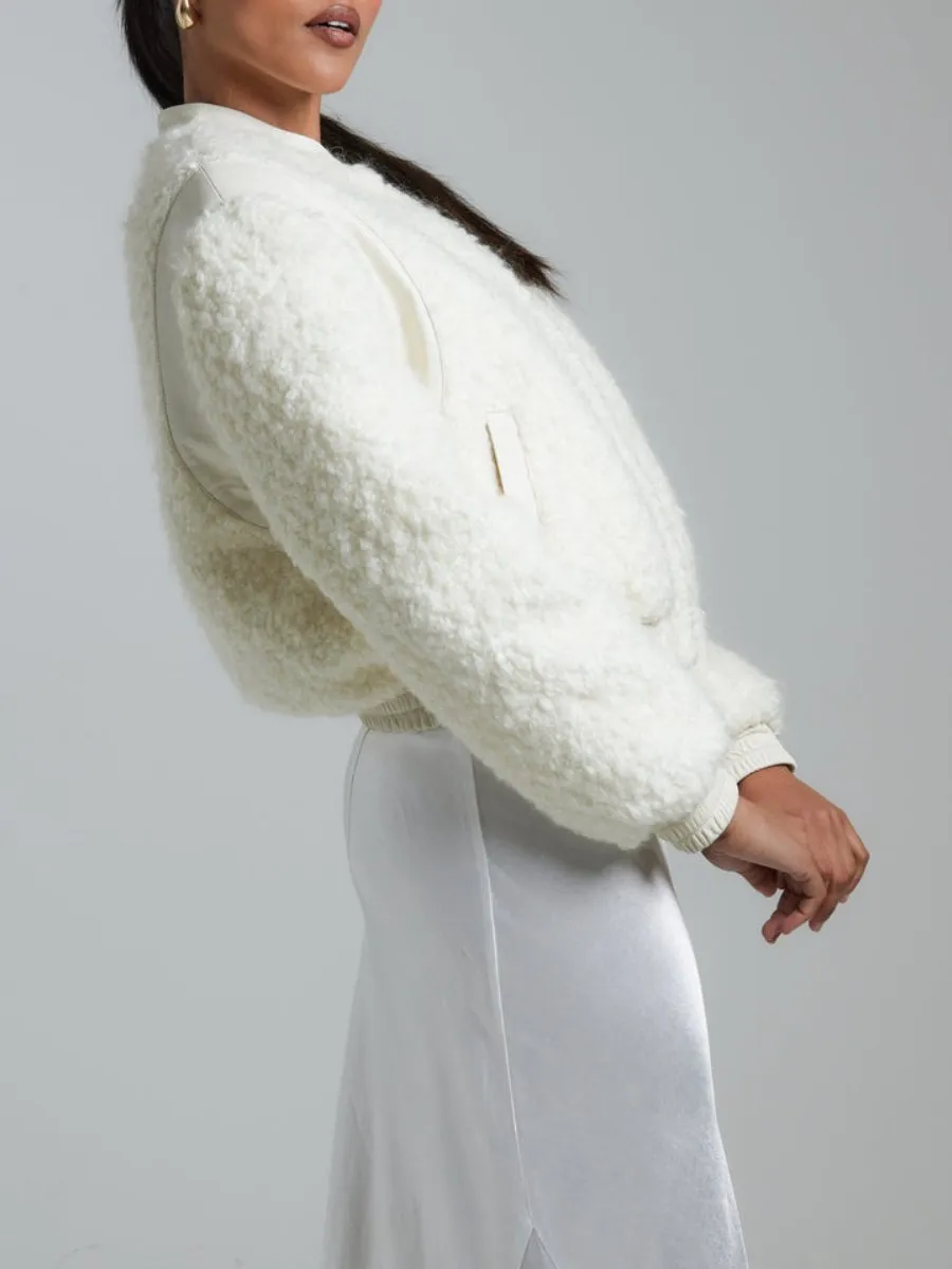 Cream Boucle Bomber Jacket