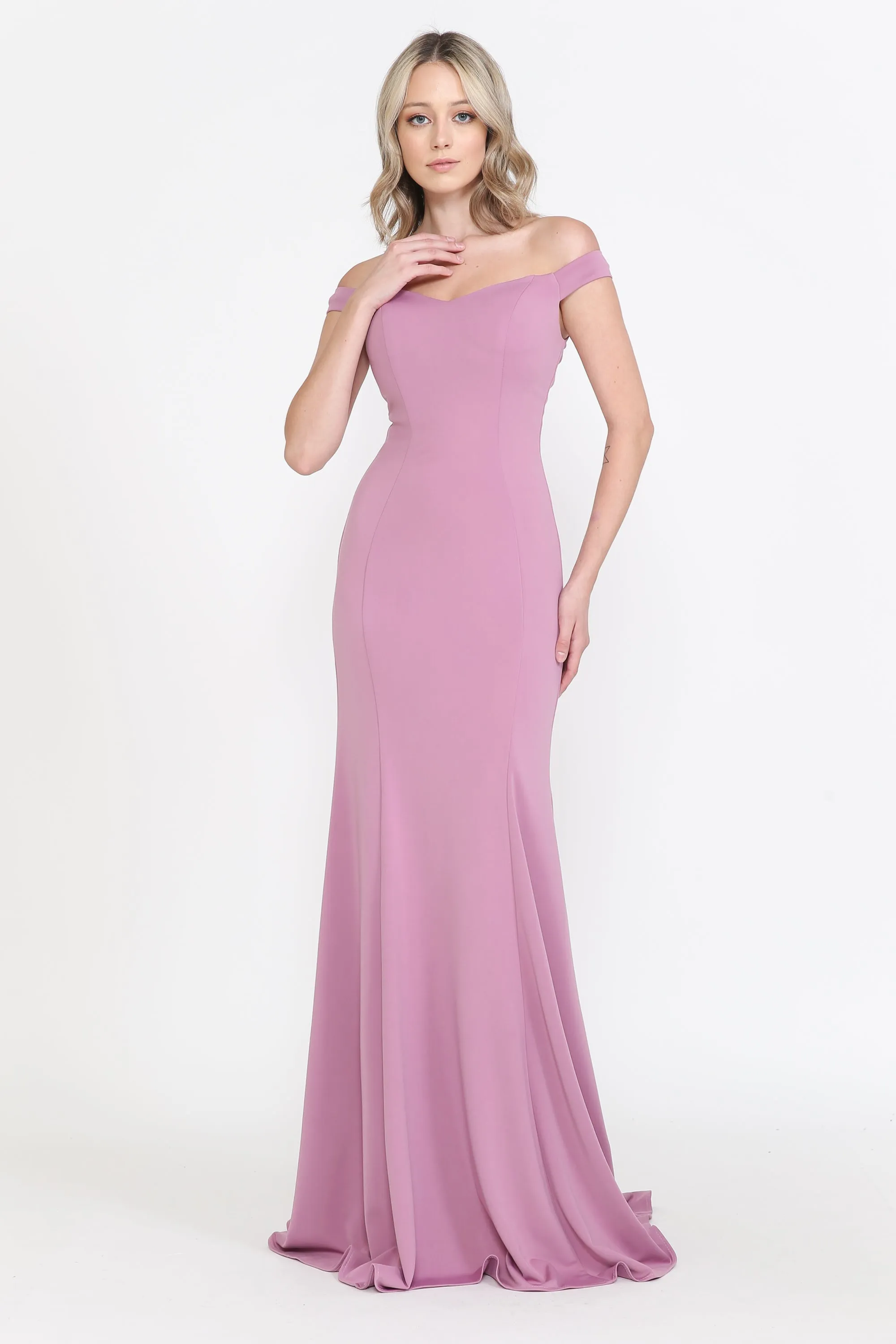 Fitted Off Shoulder Jersey Gown by Poly USA 8160