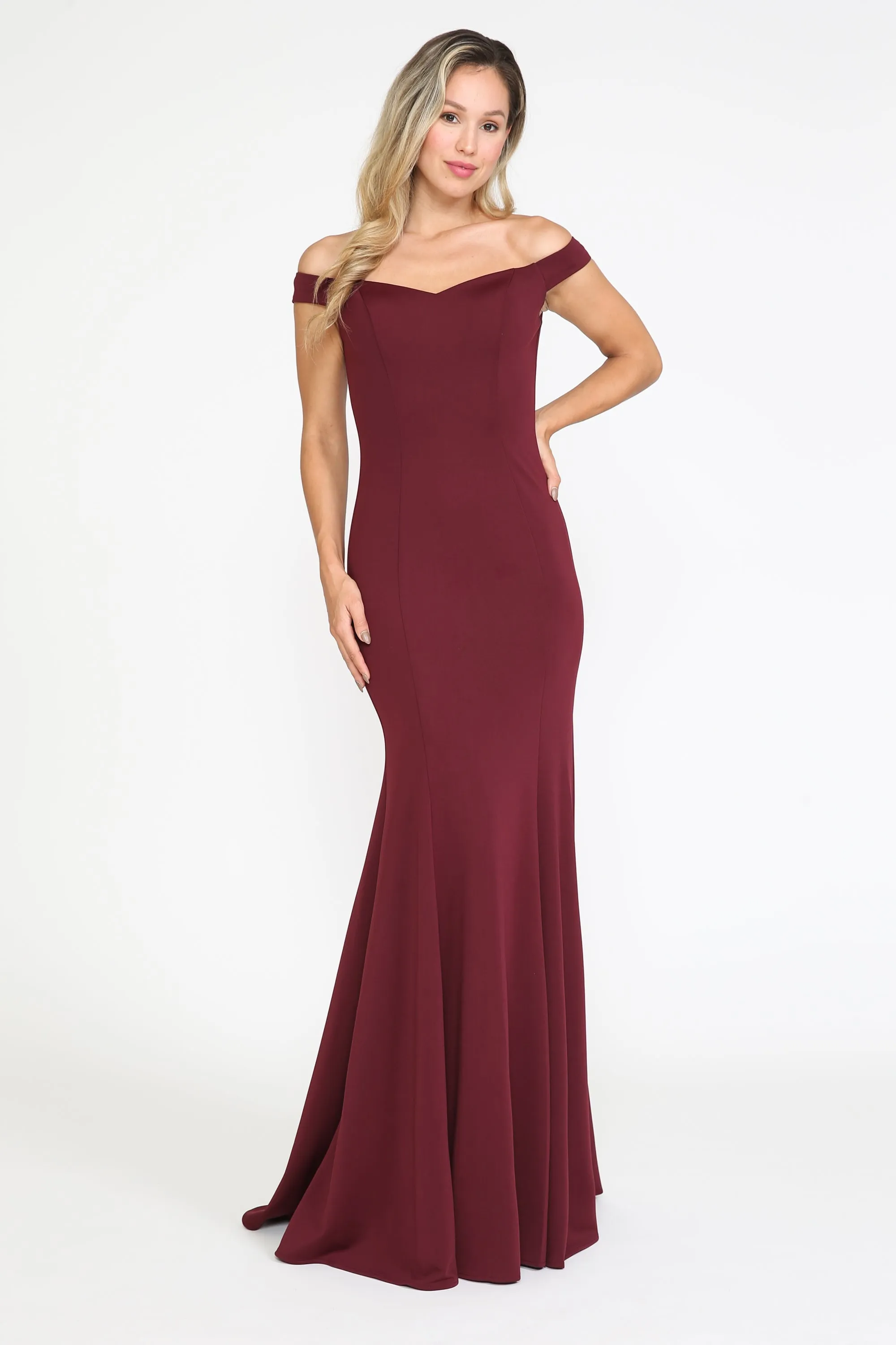 Fitted Off Shoulder Jersey Gown by Poly USA 8160