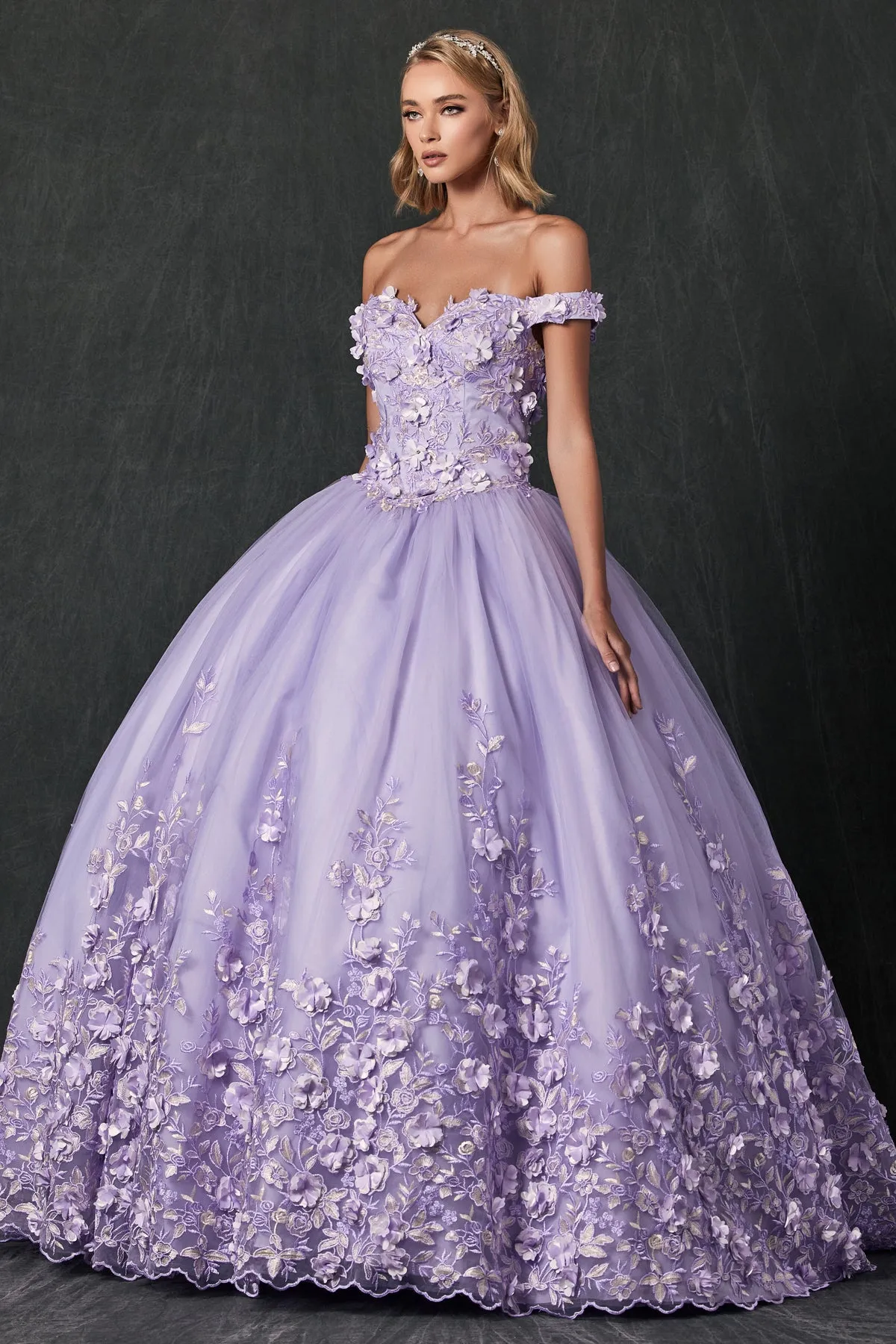 Floral Lace Illusion Sweetheart Ball Gown | Long Off-Shoulder Evening Dress with Cap Sleeves