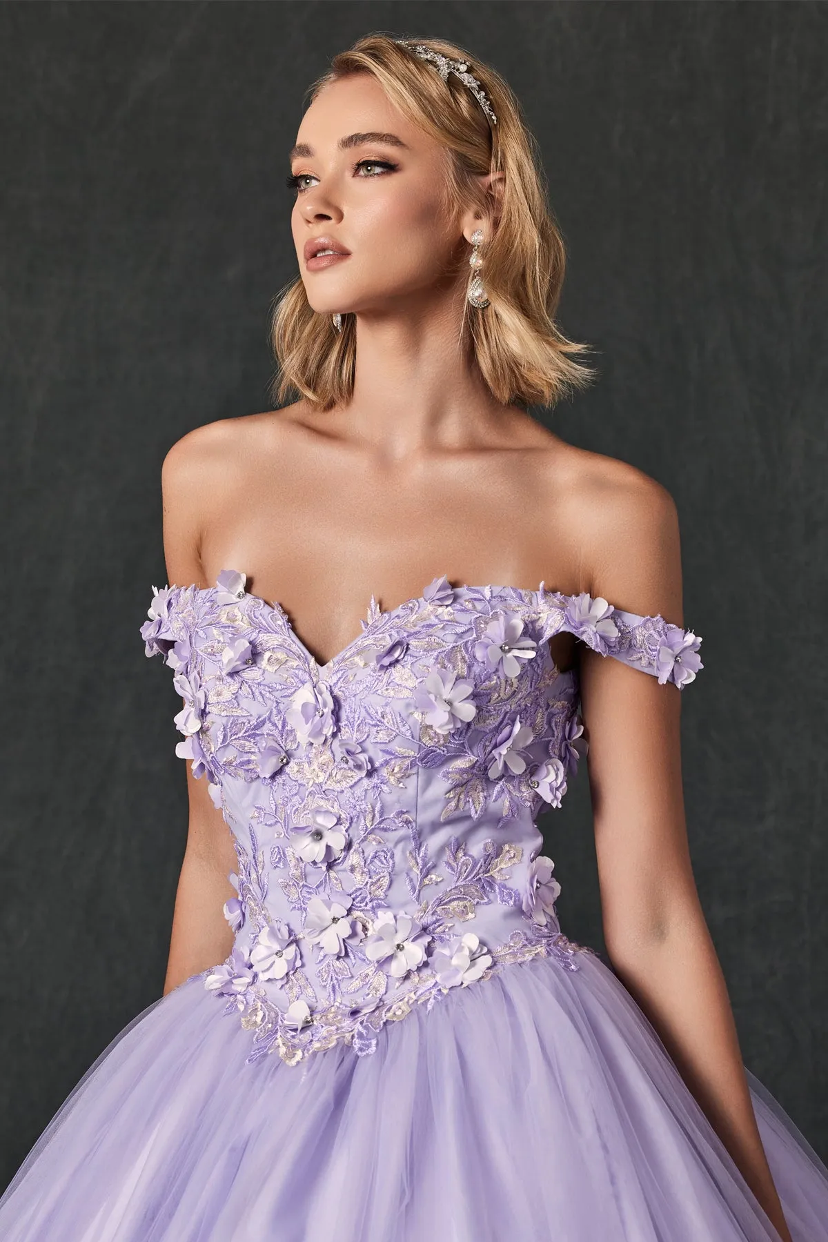 Floral Lace Illusion Sweetheart Ball Gown | Long Off-Shoulder Evening Dress with Cap Sleeves