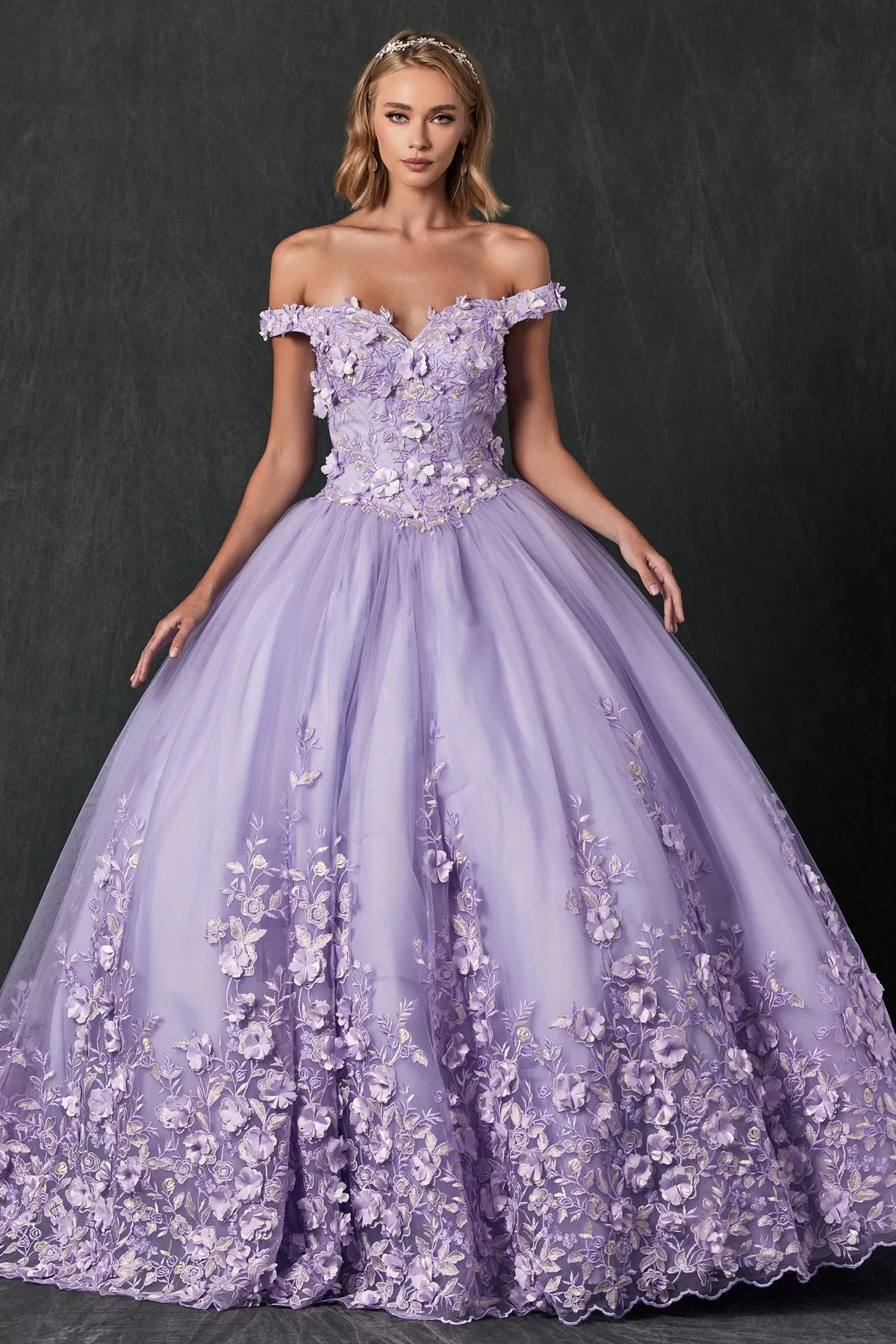 Floral Lace Illusion Sweetheart Ball Gown | Long Off-Shoulder Evening Dress with Cap Sleeves