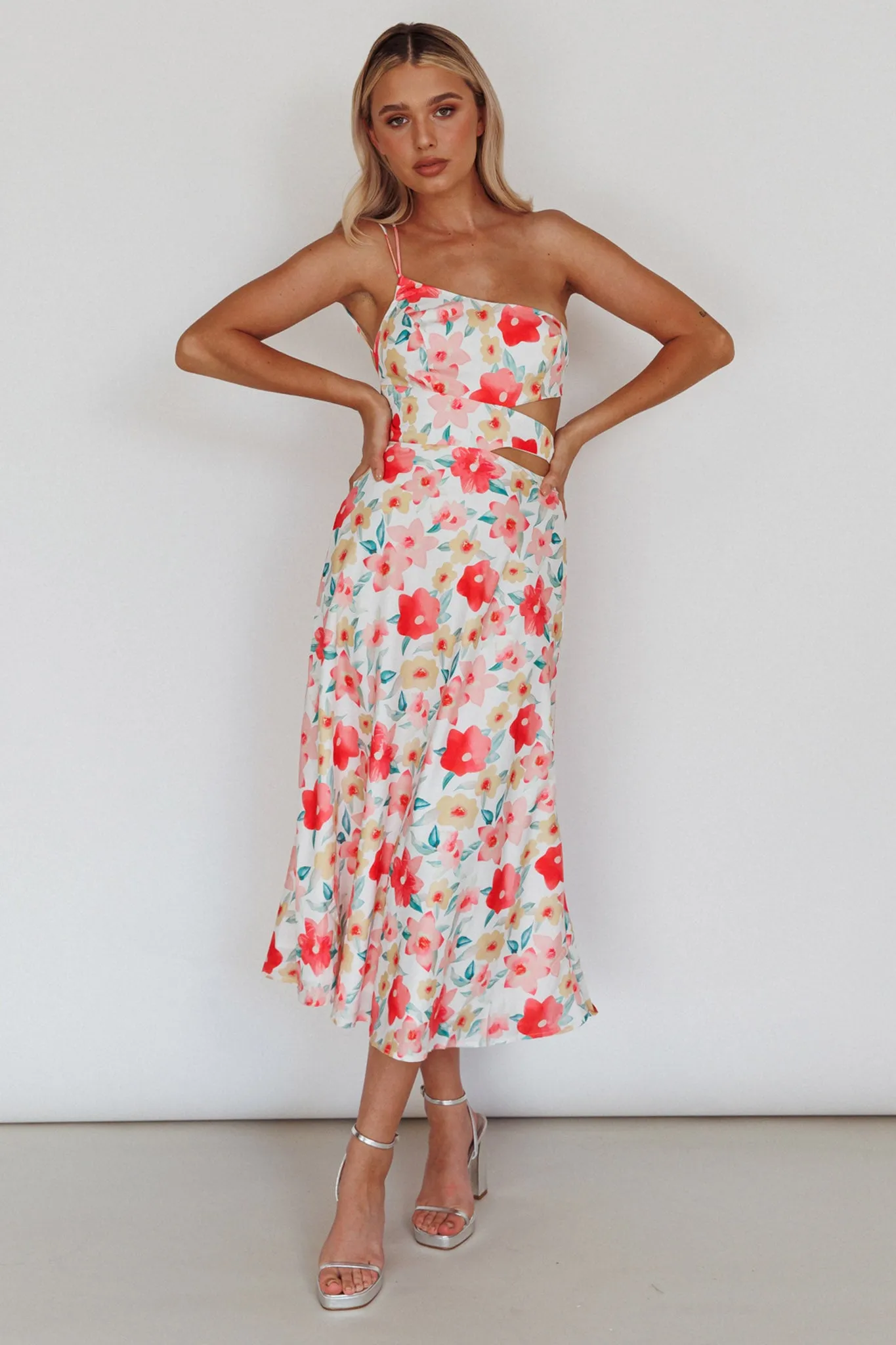 Halia One-Shoulder A-Line Midi Dress Floral Pink