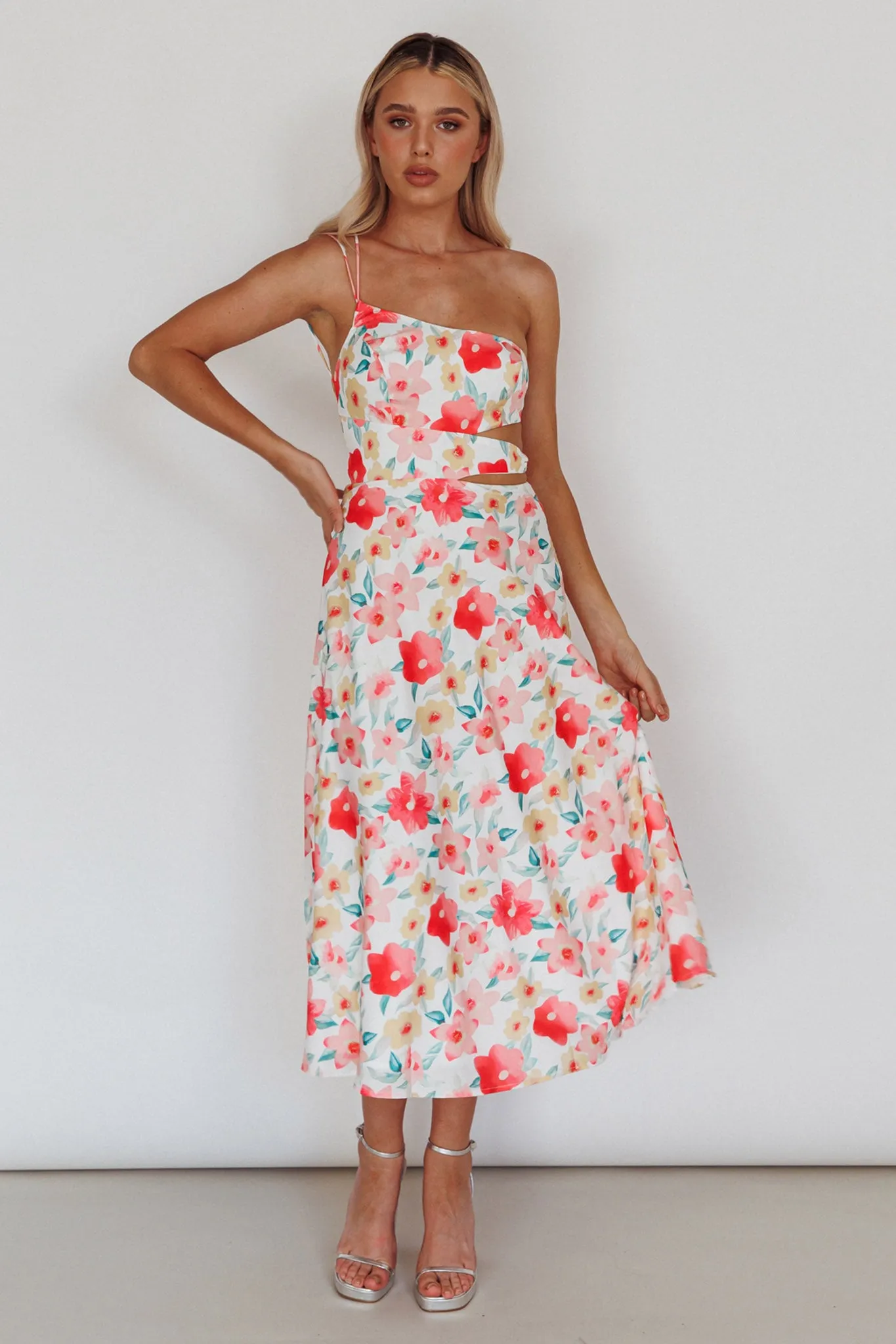 Halia One-Shoulder A-Line Midi Dress Floral Pink
