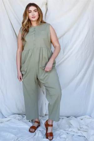 Junior Plus Olive Cotton Front Button Up Detail Sleeveless Jumpsuit /1-2-1