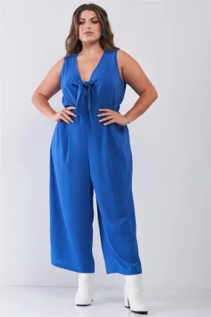 Junior Plus Size Sapphire Blue Sleeveless V-Neck Self-Tie Front Detail Wide Leg Jumpsuit /2-2-2