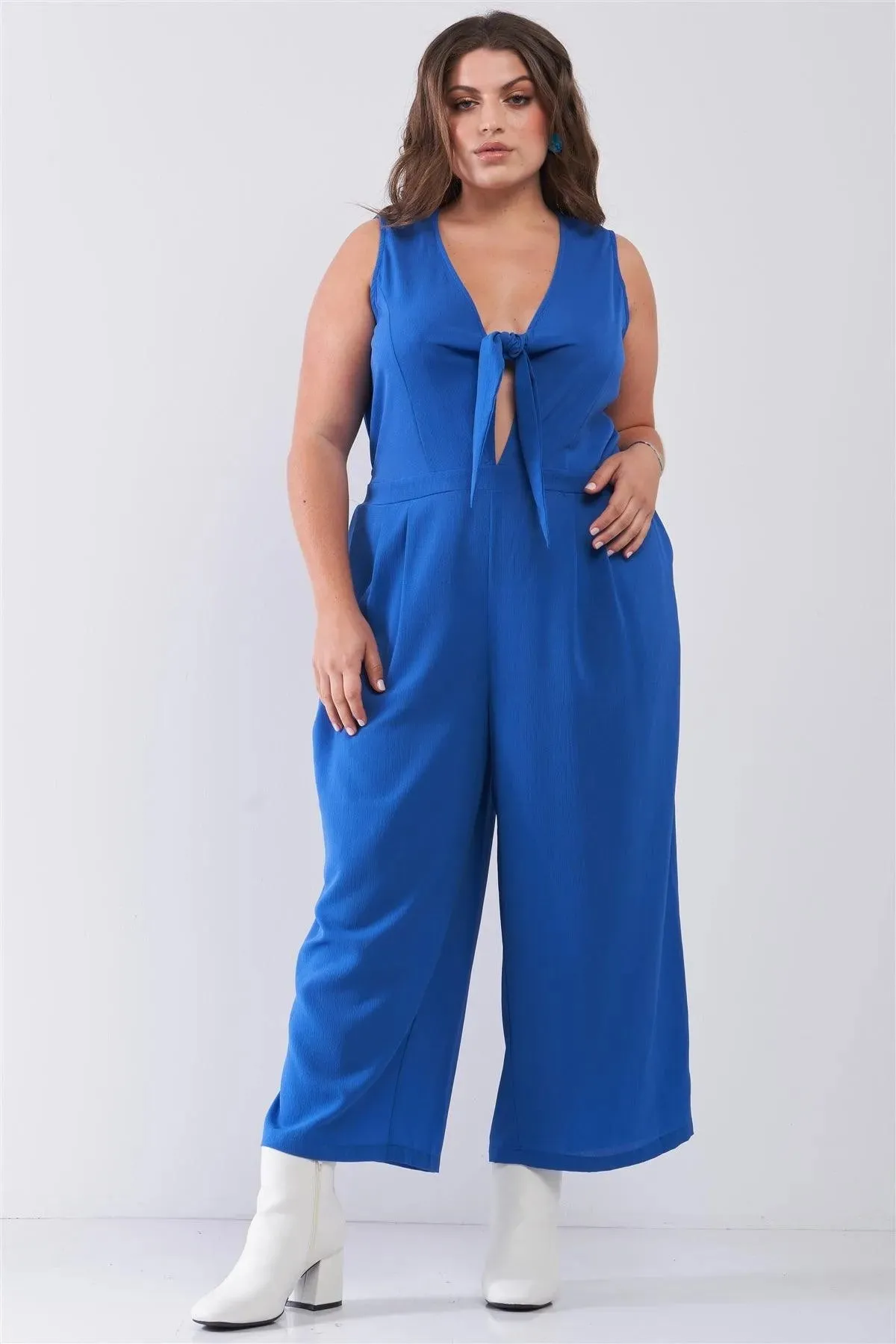 Junior Plus Size Sapphire Blue Sleeveless V-Neck Self-Tie Front Detail Wide Leg Jumpsuit /2-2-2