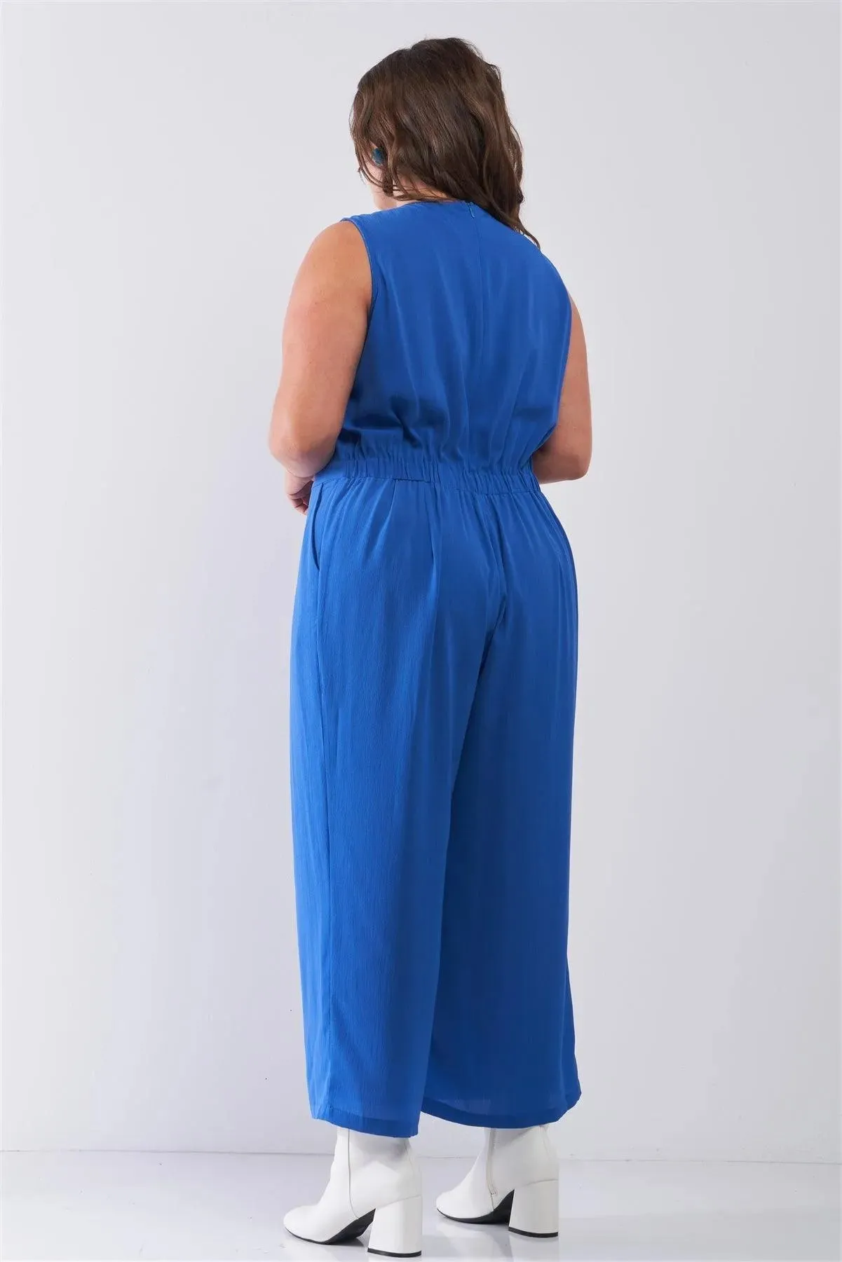 Junior Plus Size Sapphire Blue Sleeveless V-Neck Self-Tie Front Detail Wide Leg Jumpsuit /2-2-2