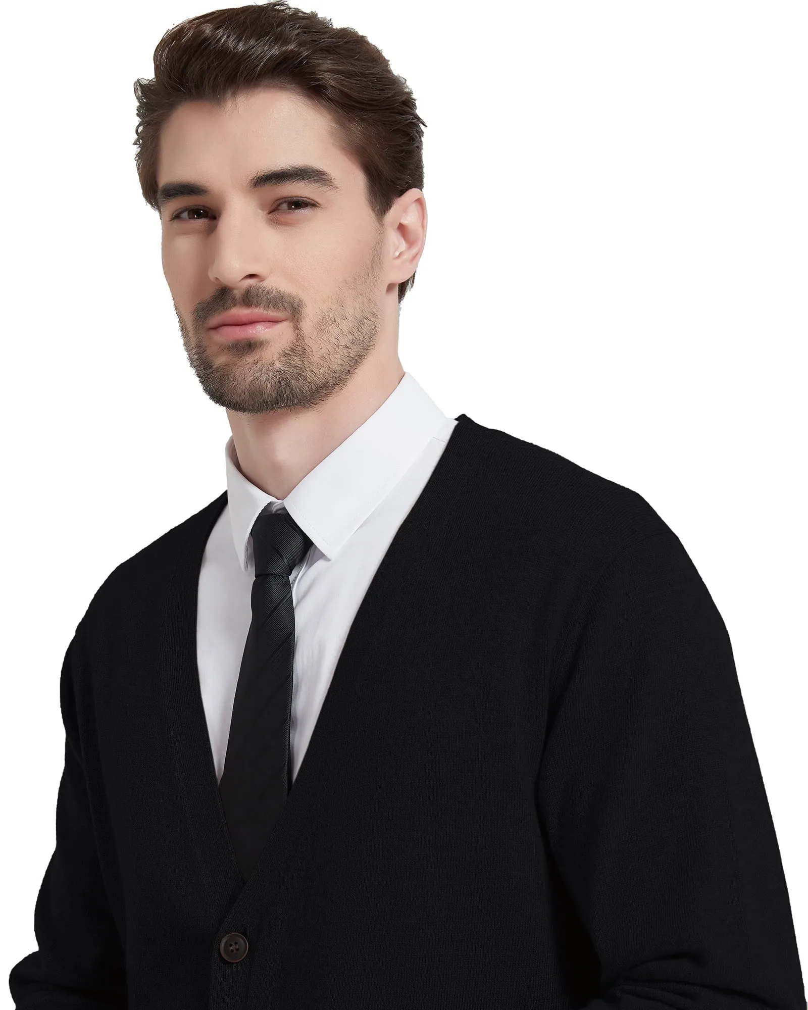 Kallspin Men’s Cardigan Sweater Wool Blend V Neck Buttons Cardigan with Pockets(Black,2X-Large)