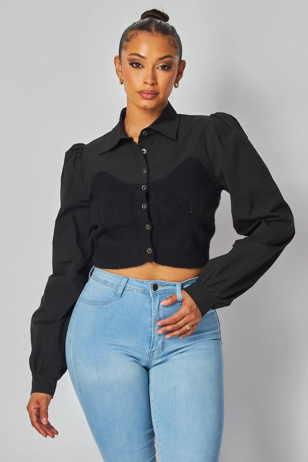 Kelley Knit Sweater Contrast Button Up Blouse