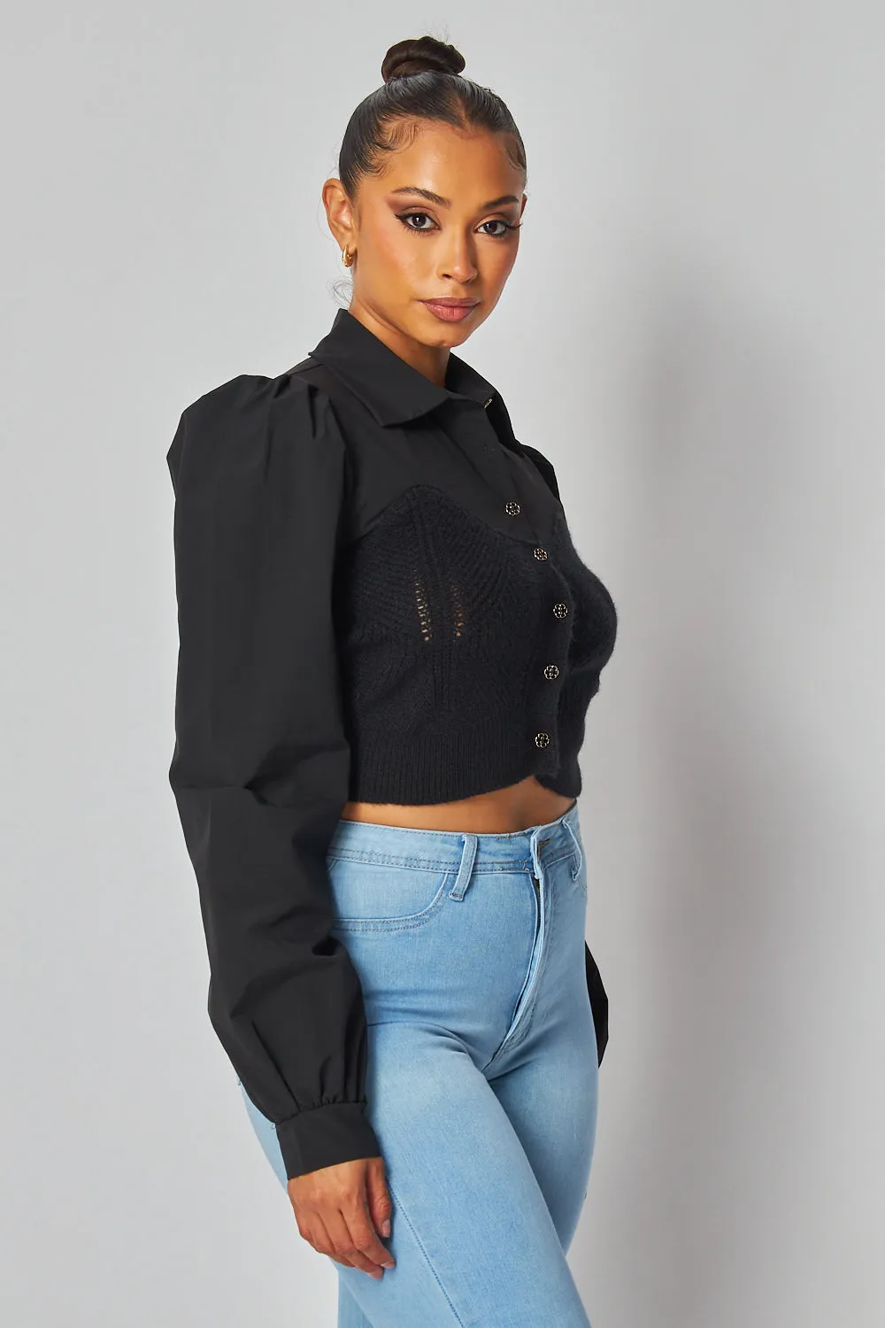 Kelley Knit Sweater Contrast Button Up Blouse