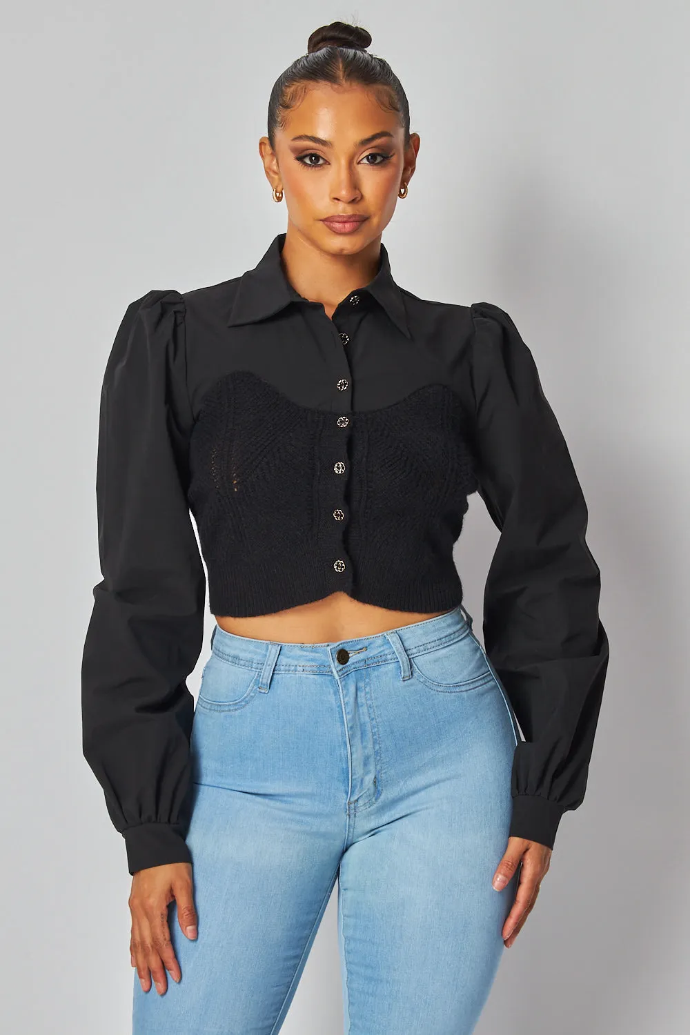 Kelley Knit Sweater Contrast Button Up Blouse