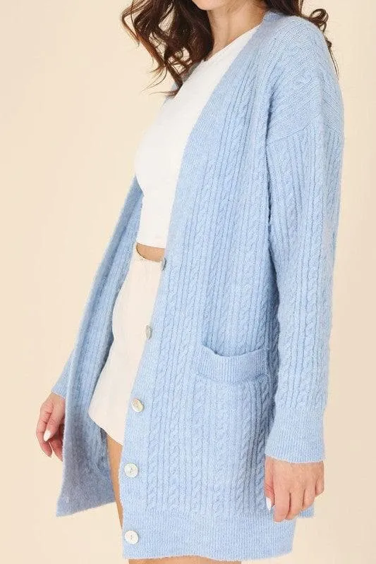LILOU Wool Blended Cable Knitted Cardigan, Light Blue
