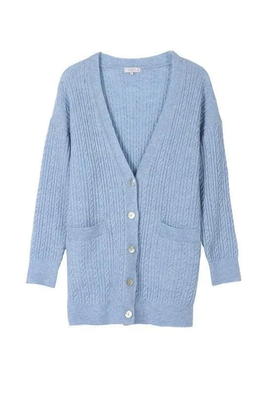 LILOU Wool Blended Cable Knitted Cardigan, Light Blue