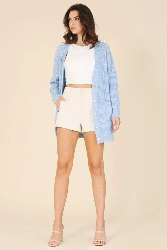 LILOU Wool Blended Cable Knitted Cardigan, Light Blue
