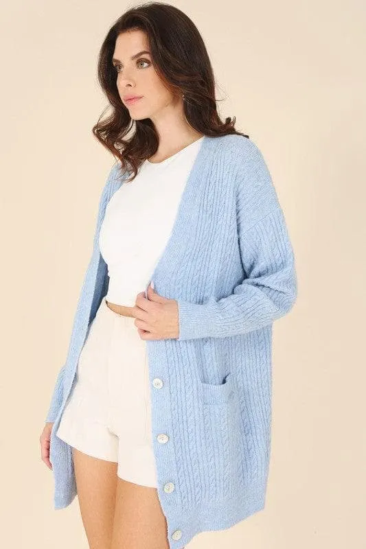LILOU Wool Blended Cable Knitted Cardigan, Light Blue