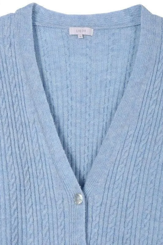 LILOU Wool Blended Cable Knitted Cardigan, Light Blue