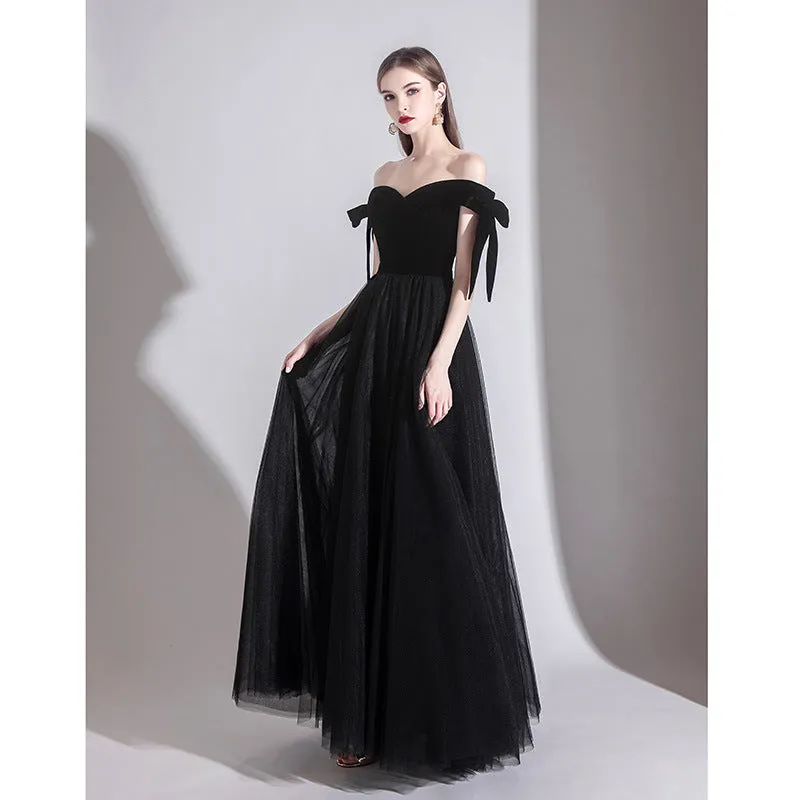 Off Shoulder Tulle Long Prom Dress Black Formal Evening Dress 499