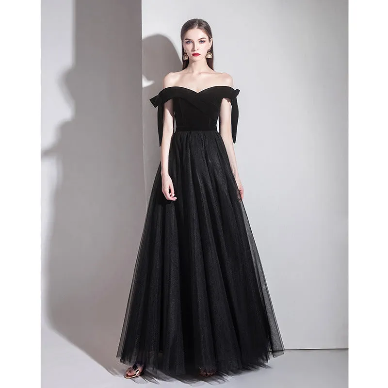 Off Shoulder Tulle Long Prom Dress Black Formal Evening Dress 499