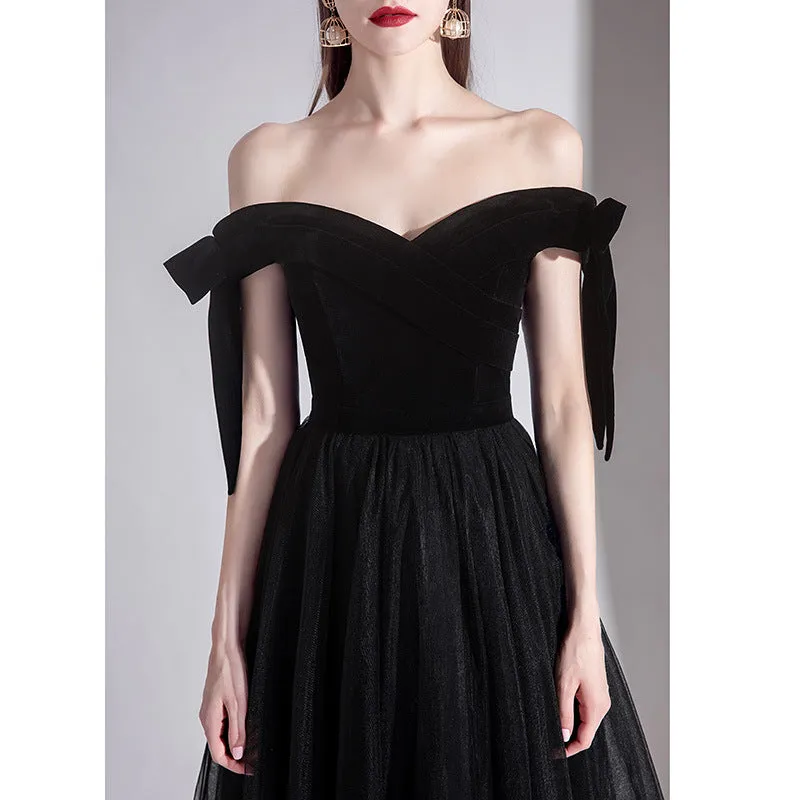 Off Shoulder Tulle Long Prom Dress Black Formal Evening Dress 499