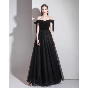 Off Shoulder Tulle Long Prom Dress Black Formal Evening Dress 499