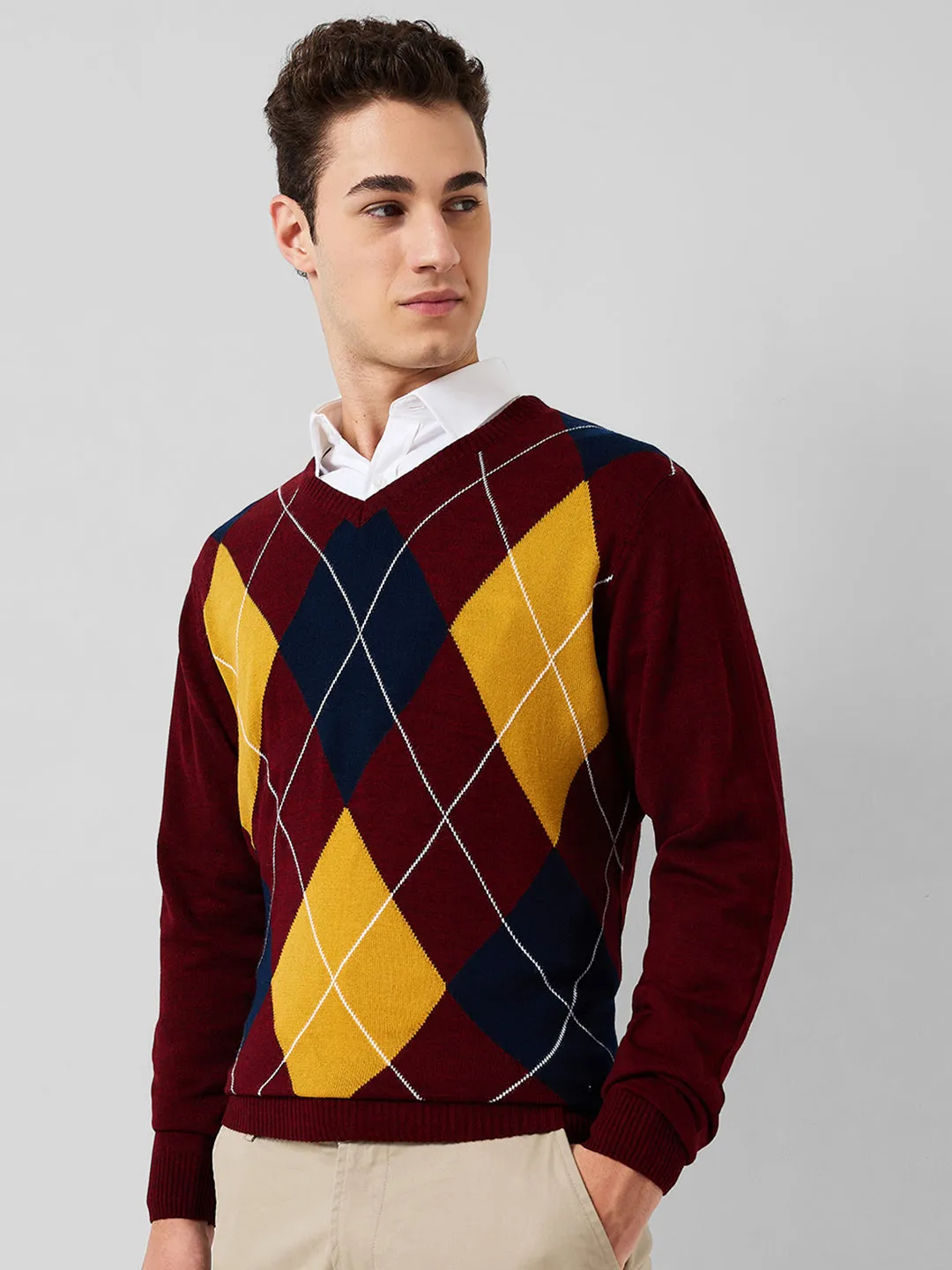 Park Avenue Men Maroon Argyle Regular Fit Acrylic Sweaters