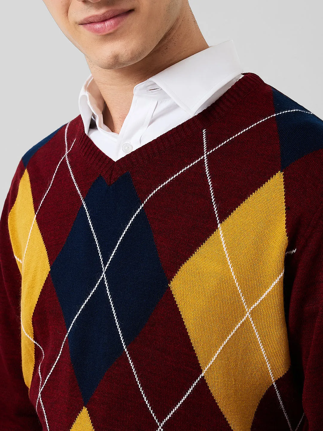 Park Avenue Men Maroon Argyle Regular Fit Acrylic Sweaters