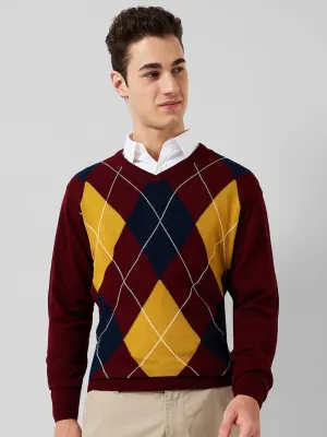 Park Avenue Men Maroon Argyle Regular Fit Acrylic Sweaters