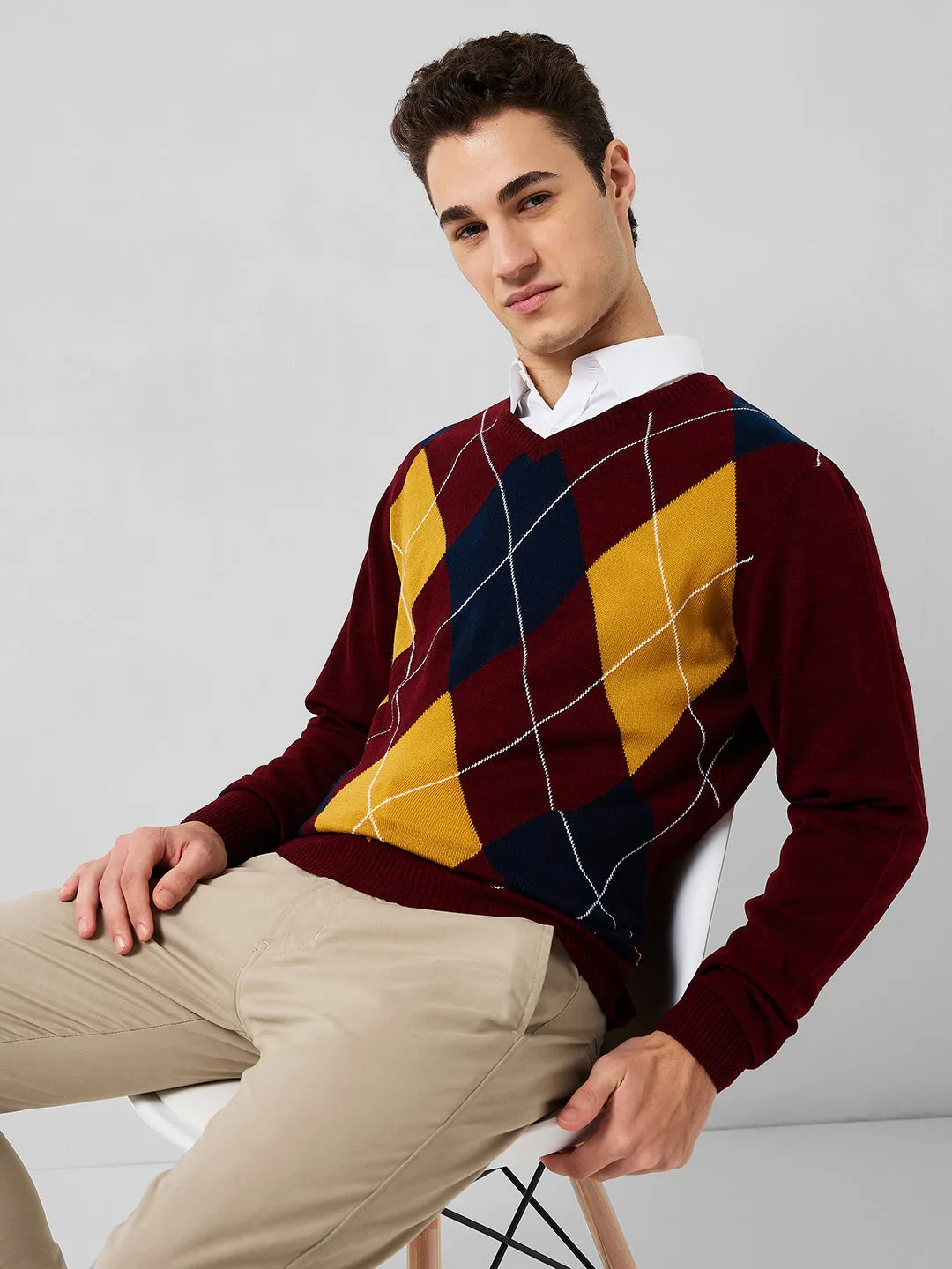 Park Avenue Men Maroon Argyle Regular Fit Acrylic Sweaters
