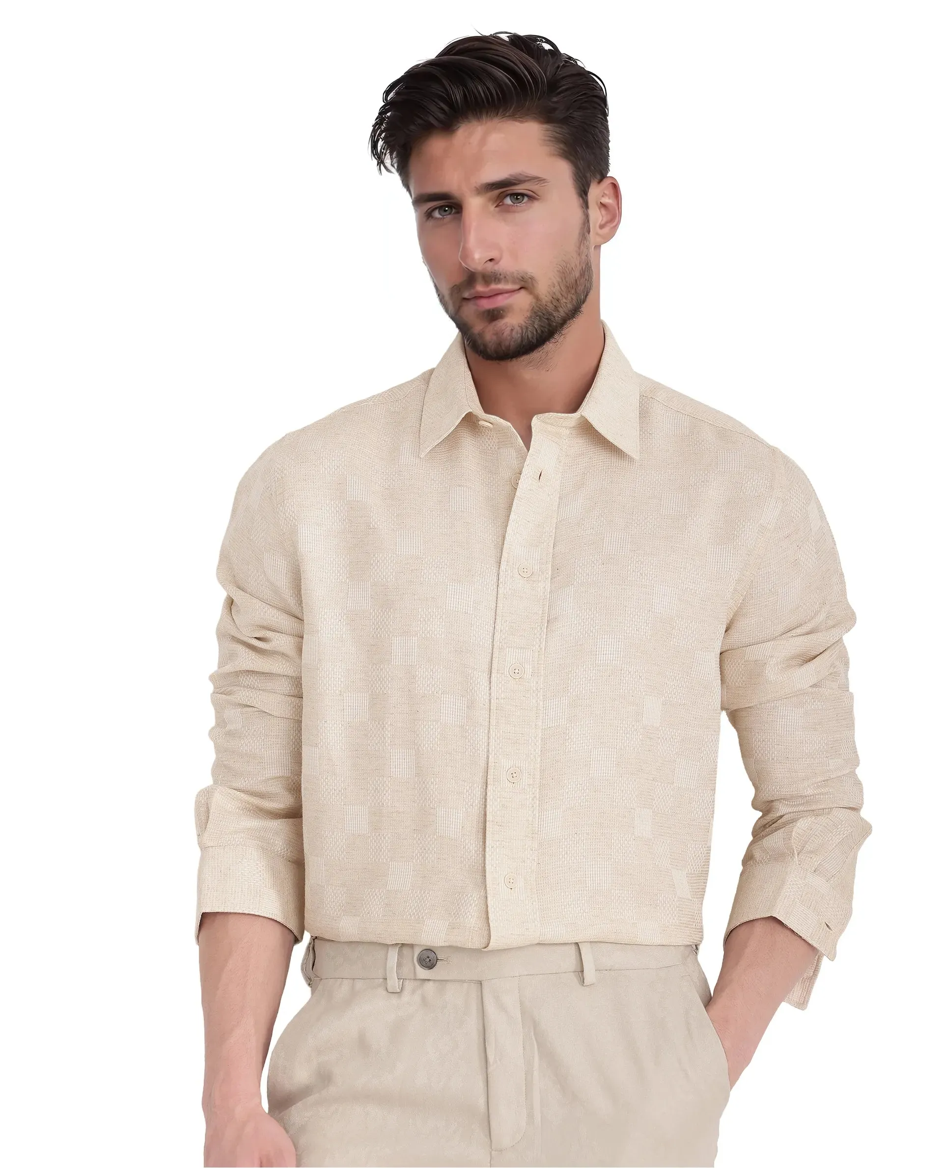 Rare Rabbit Men's Dob Beige Cotton Linen Fabric Full Sleeve Regular Collared Button Closure Regular Fit Check Print Shirt