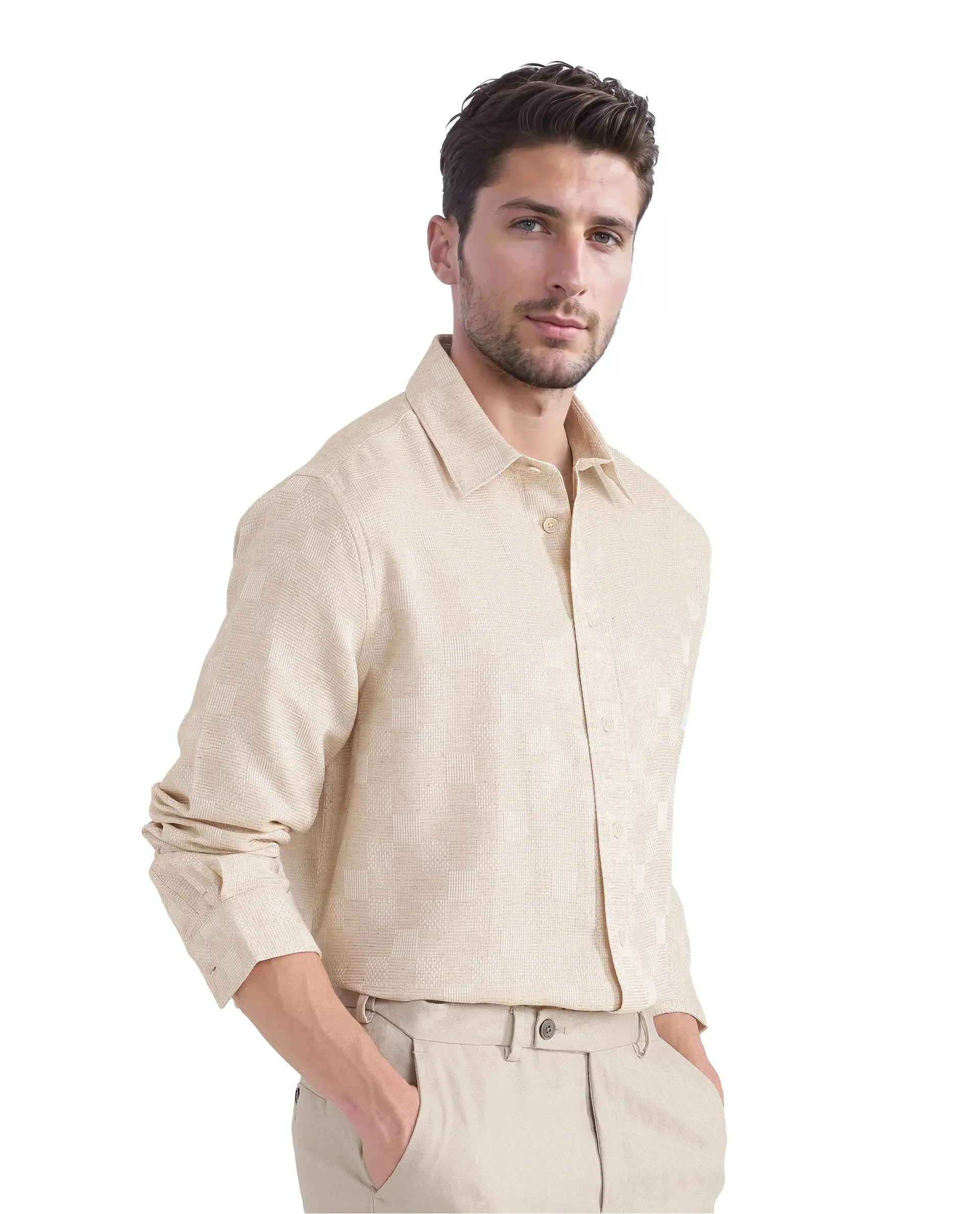 Rare Rabbit Men's Dob Beige Cotton Linen Fabric Full Sleeve Regular Collared Button Closure Regular Fit Check Print Shirt