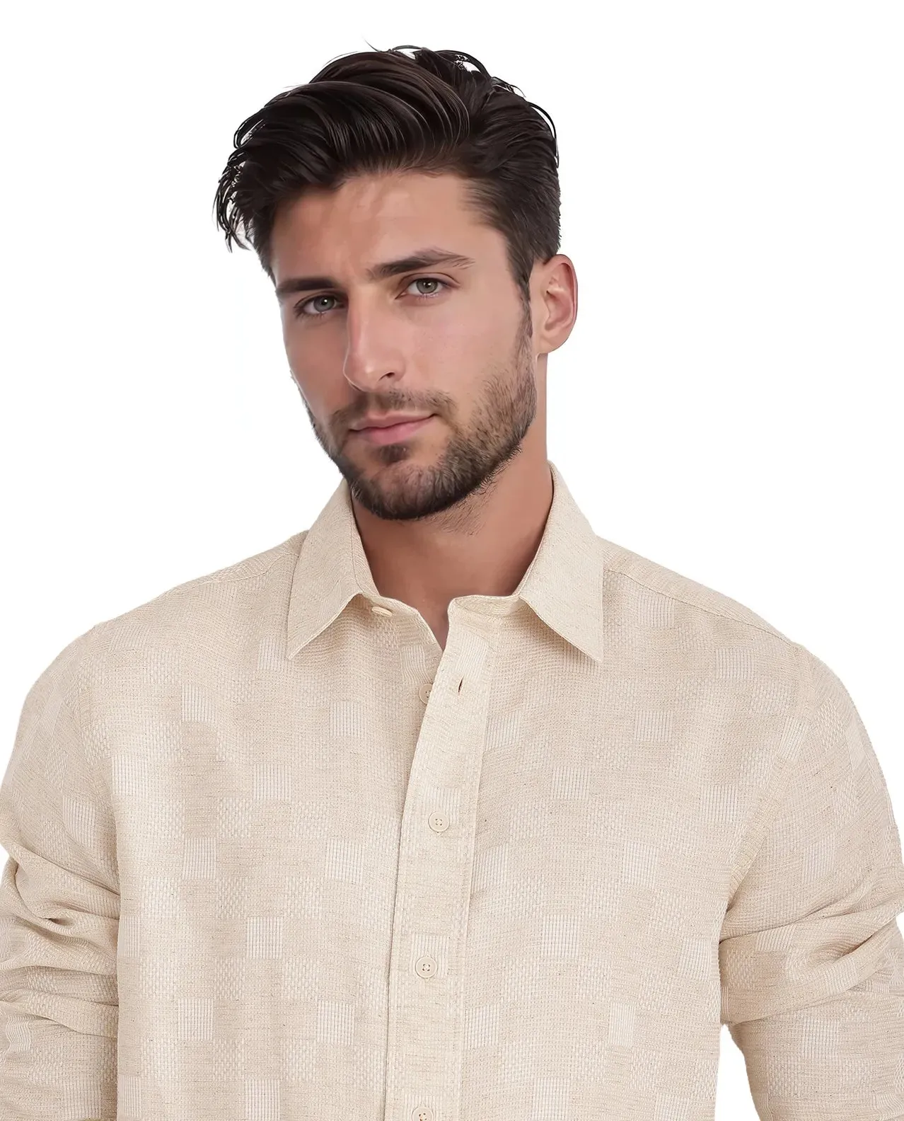 Rare Rabbit Men's Dob Beige Cotton Linen Fabric Full Sleeve Regular Collared Button Closure Regular Fit Check Print Shirt