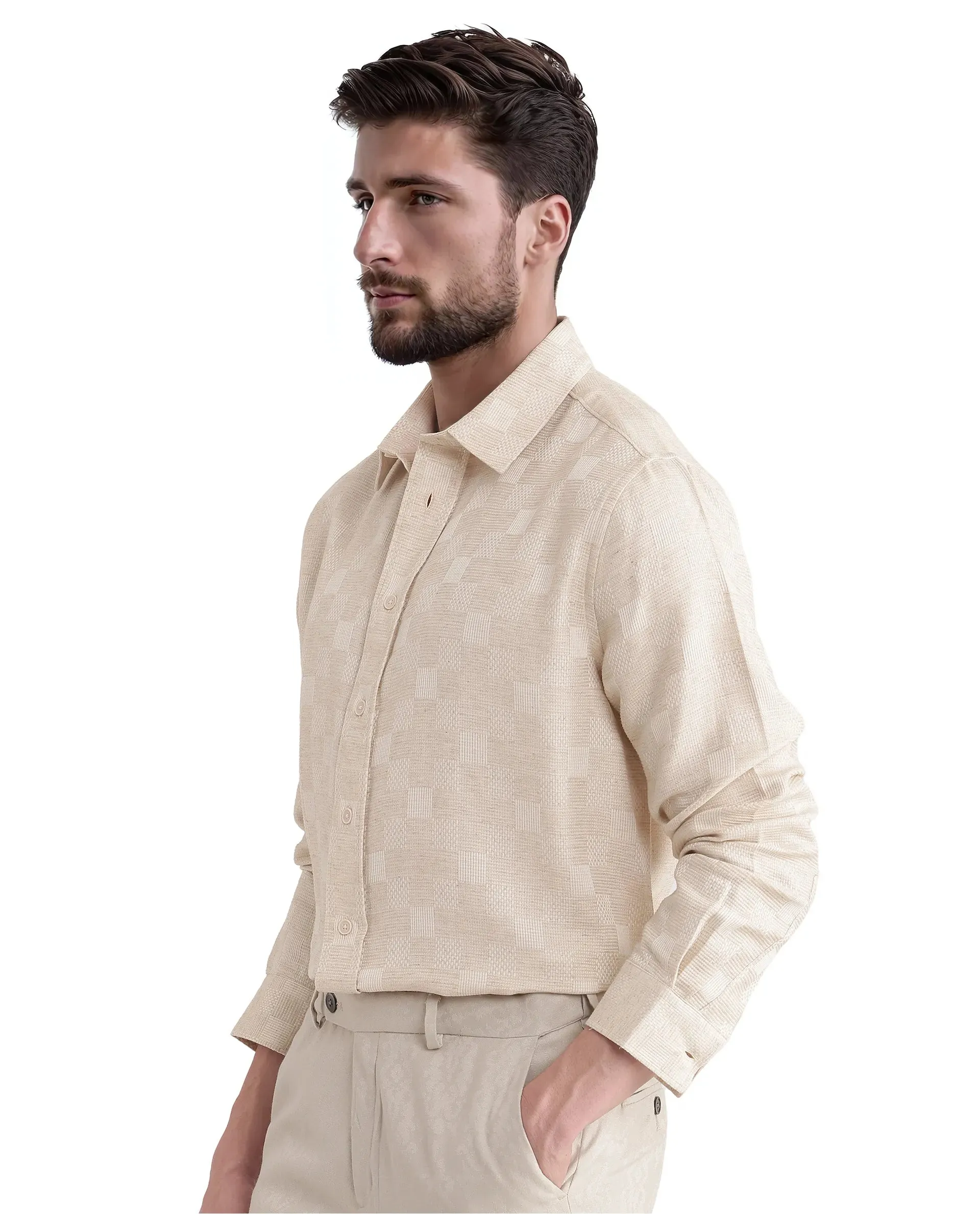 Rare Rabbit Men's Dob Beige Cotton Linen Fabric Full Sleeve Regular Collared Button Closure Regular Fit Check Print Shirt