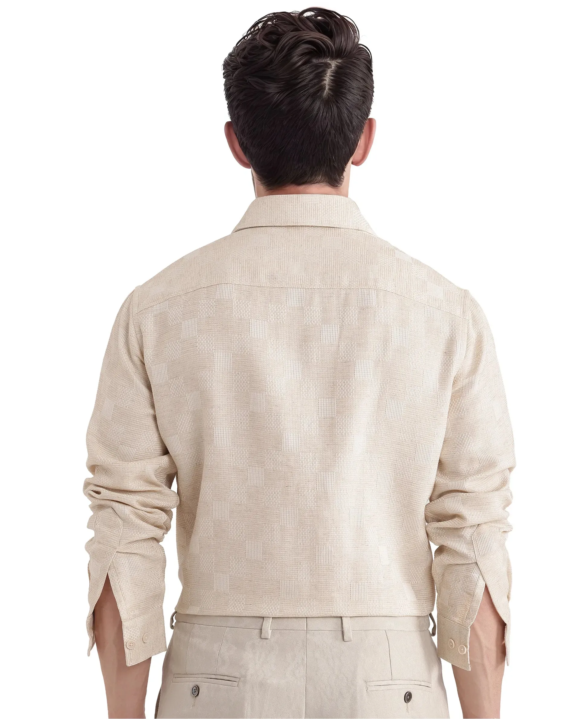 Rare Rabbit Men's Dob Beige Cotton Linen Fabric Full Sleeve Regular Collared Button Closure Regular Fit Check Print Shirt