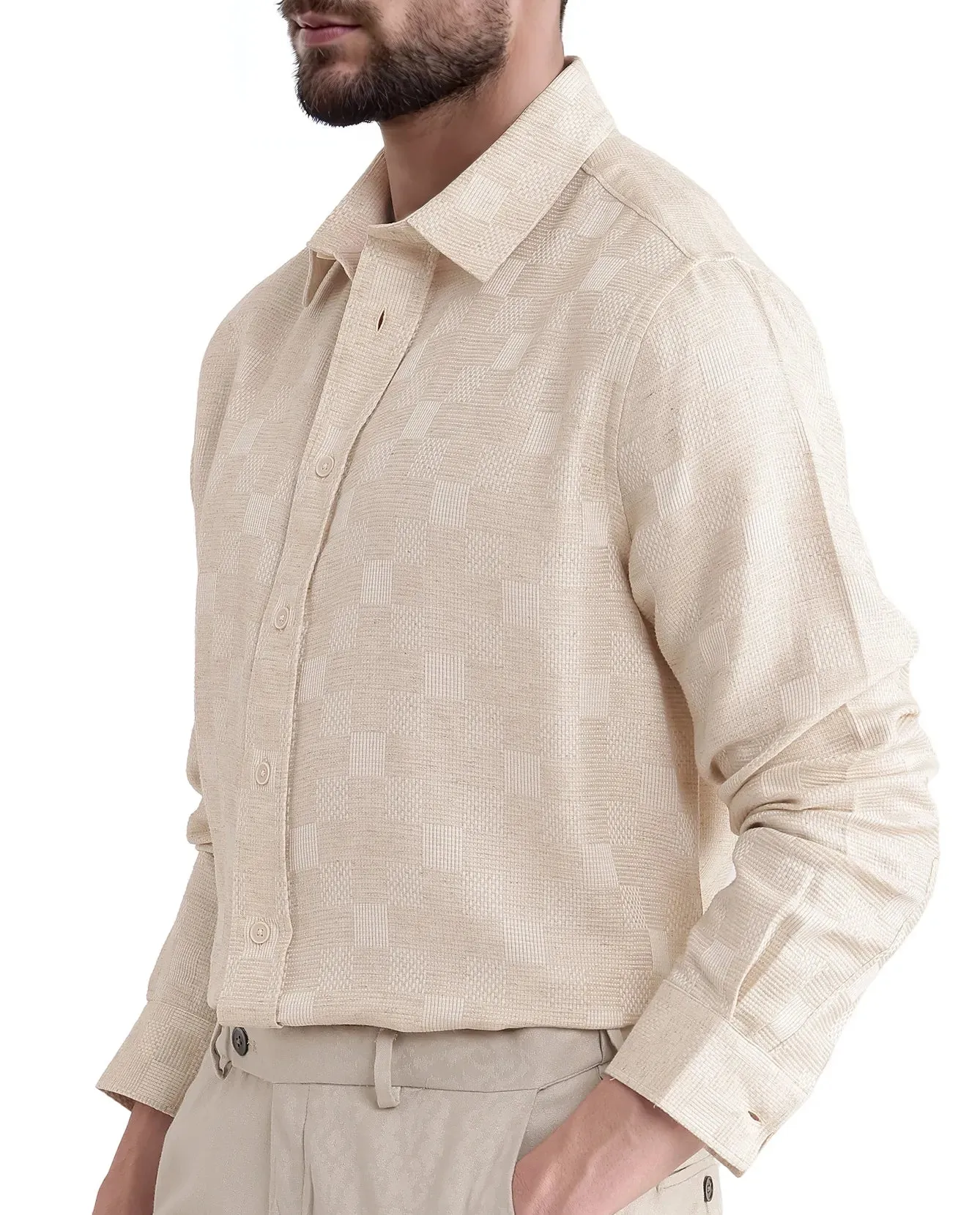 Rare Rabbit Men's Dob Beige Cotton Linen Fabric Full Sleeve Regular Collared Button Closure Regular Fit Check Print Shirt