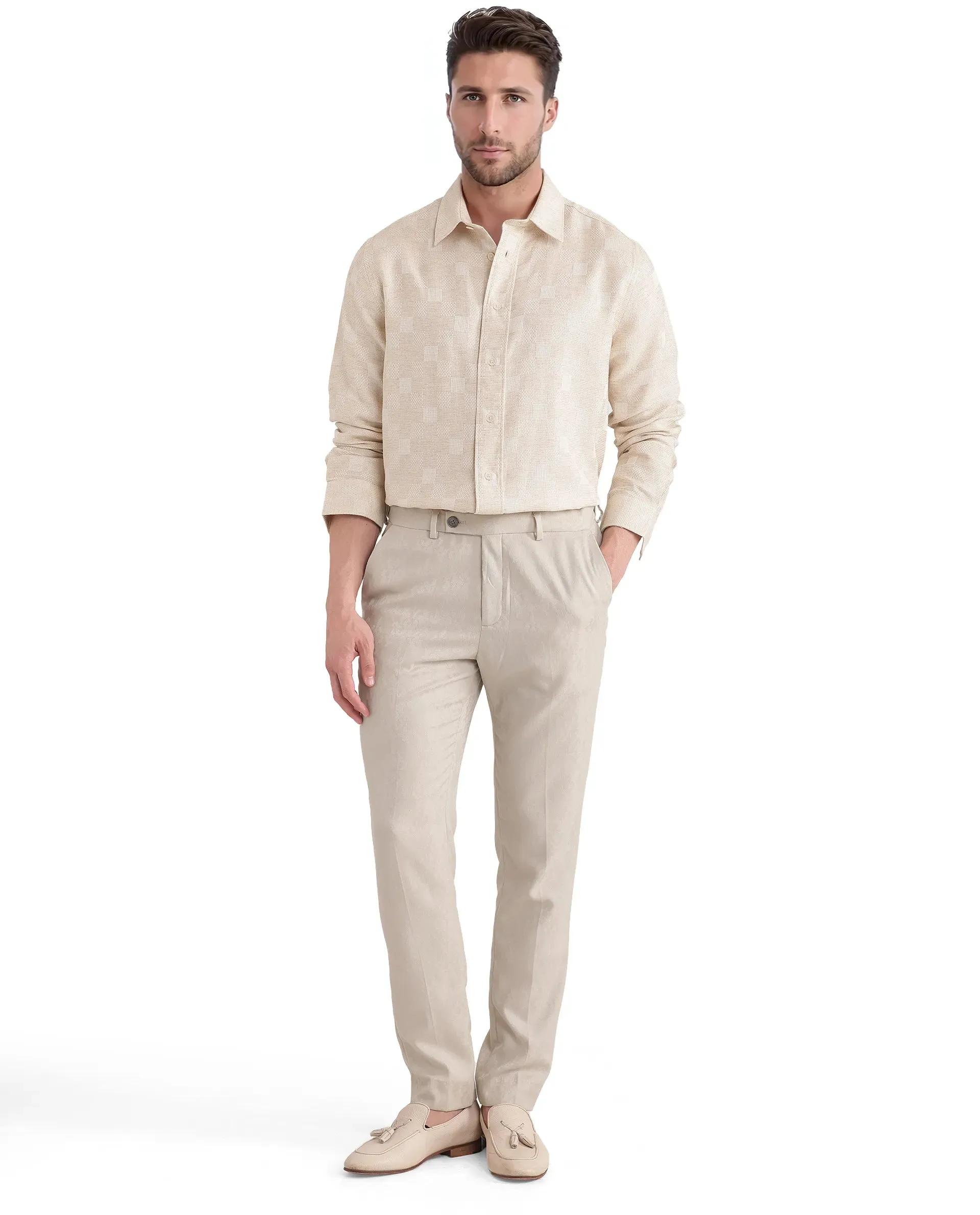 Rare Rabbit Men's Dob Beige Cotton Linen Fabric Full Sleeve Regular Collared Button Closure Regular Fit Check Print Shirt