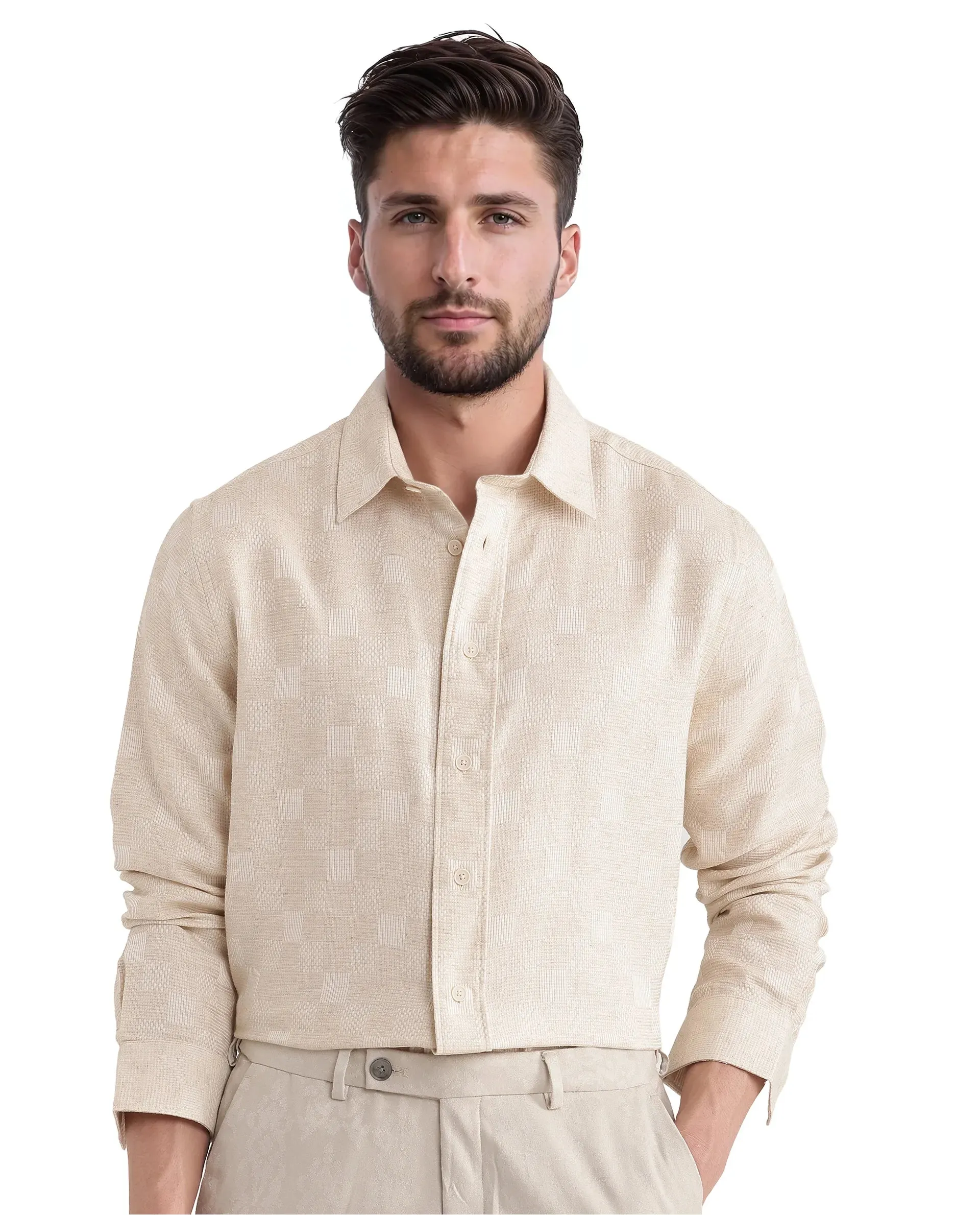 Rare Rabbit Men's Dob Beige Cotton Linen Fabric Full Sleeve Regular Collared Button Closure Regular Fit Check Print Shirt