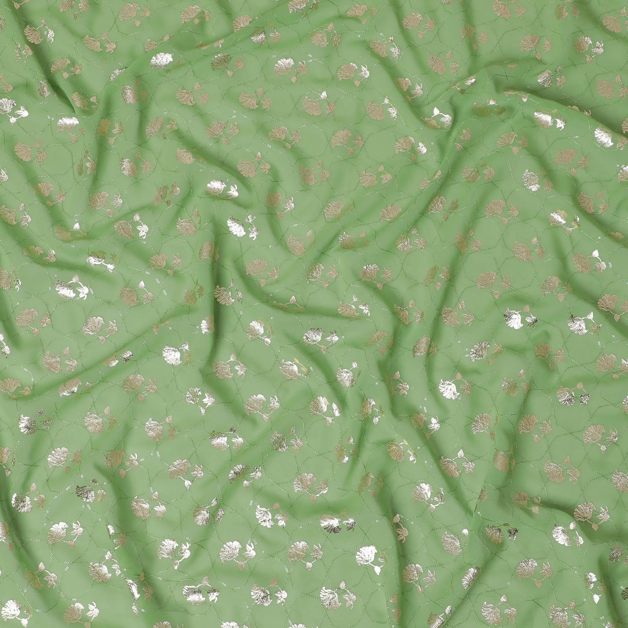 Sage green synthetic georgette fabric with same tone embroidery having gold foil print in floral design-D12030