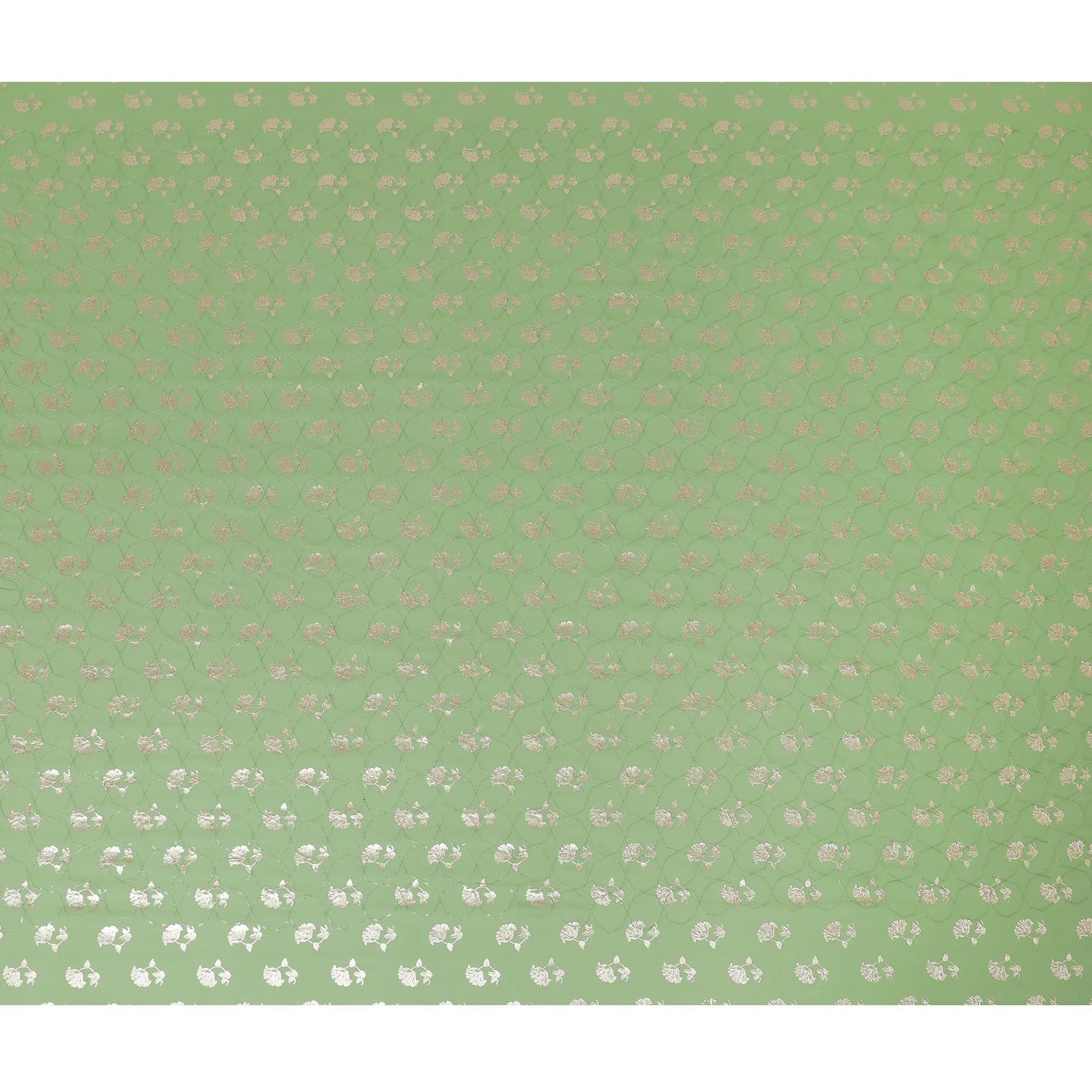 Sage green synthetic georgette fabric with same tone embroidery having gold foil print in floral design-D12030
