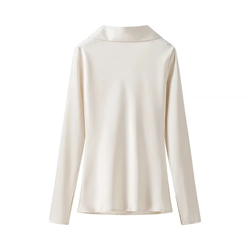 Satin Lace Up Long Sleeved Blouse